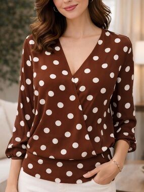 Polka Dot Surplice Blouse in Brown with White Dots